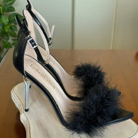Eriken Urben WOMEN'S STRAPPY BLACK HEELS WITH FEATHERS Size 8 - Picture 11 of 15